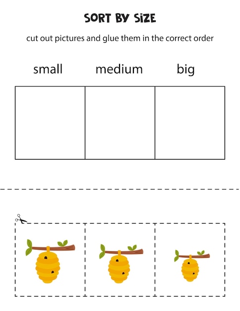 蜂の巣をサイズごとに分類する子供向けの教育ワークシート