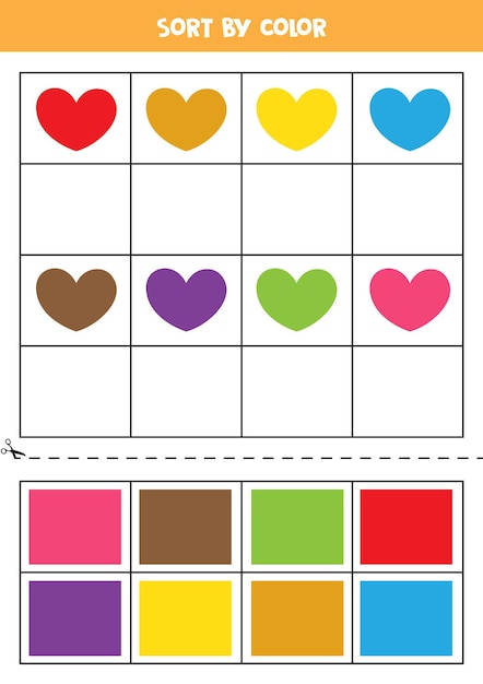 Sort by colors. Cute colorful hearts. Learning basic colors for kids.