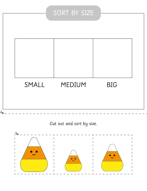 子供向けのワークシートをサイズ別に並べ替え.かわいいキャンディーコーンをサイズ別に並べて。ハロウィンの知育ゲーム