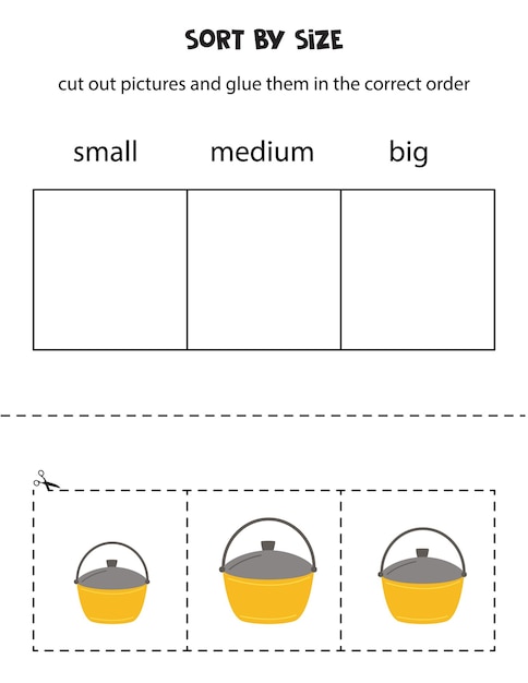 Sort cauldrons by size Educational worksheet for kids