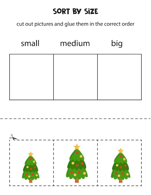 벡터 크기별로 크리스마스 트리 정렬 아이들을 위한 교육용 워크시트