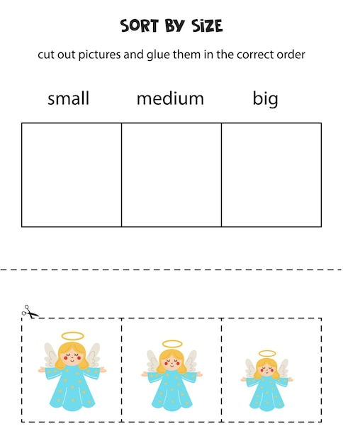 Sort cute angels by size Educational worksheet for kids