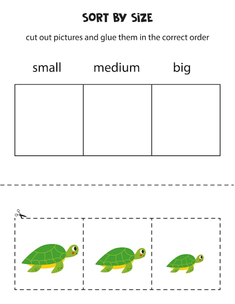 Sort cute turtle by size Educational worksheet for kids