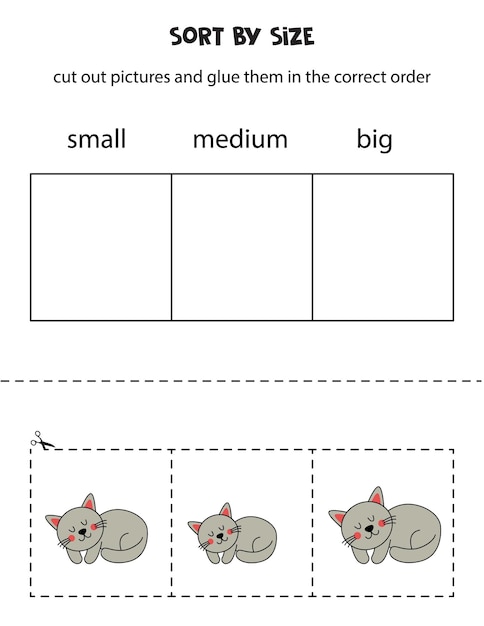 灰色の猫をサイズで並べ替える 子供向けの教育用ワークシート