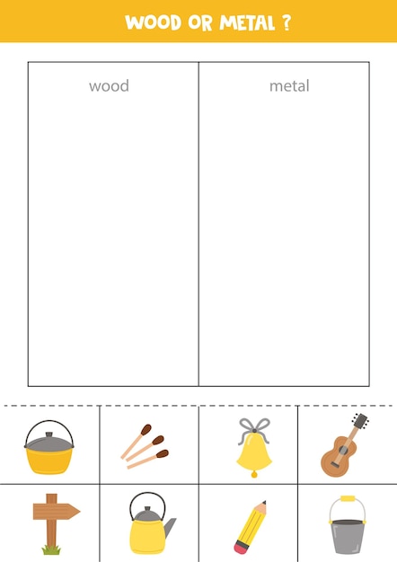 Рассортируй предметы по дереву или металлу. рабочий лист для детей.