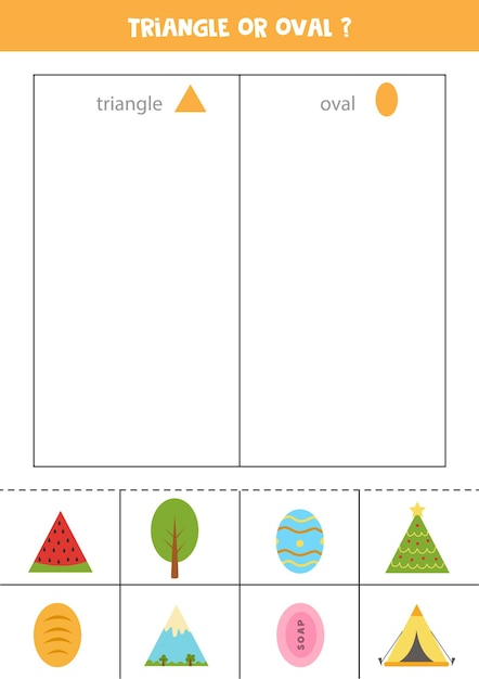 Сортируйте картинки по формам. треугольник или овал. развивающая игра для детей.