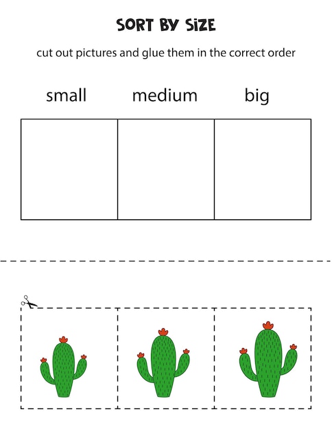 Сортировка картинок по размеру обучающий рабочий лист для детей