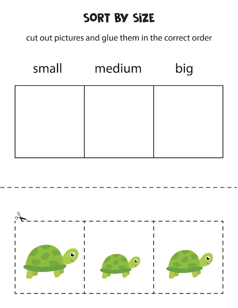 Sort pictures by size. educational worksheet for kids.