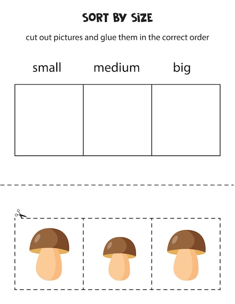 Vector sort pictures by size. educational worksheet for kids.