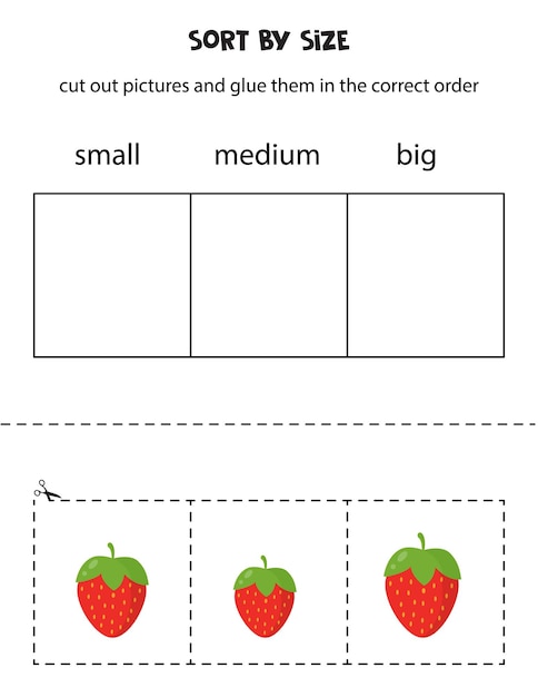 Vector sort pictures by size. educational worksheet for kids.