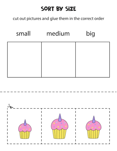 Vector sort pictures by size. educational worksheet for kids.