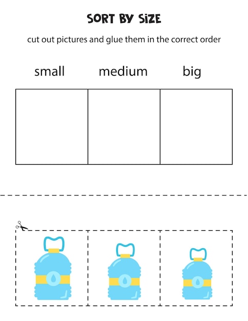 Sort plastic bottles by size educational worksheet for kids