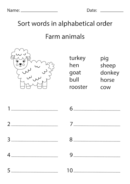 Sort words into alphabetical order Farm animals