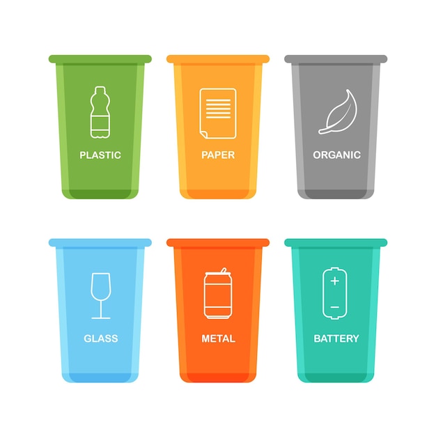 재활용 아이콘이 있는 쓰레기통을 색로 정렬합니다. 유기 플라스틱, 종이, 유리 폐기물 터