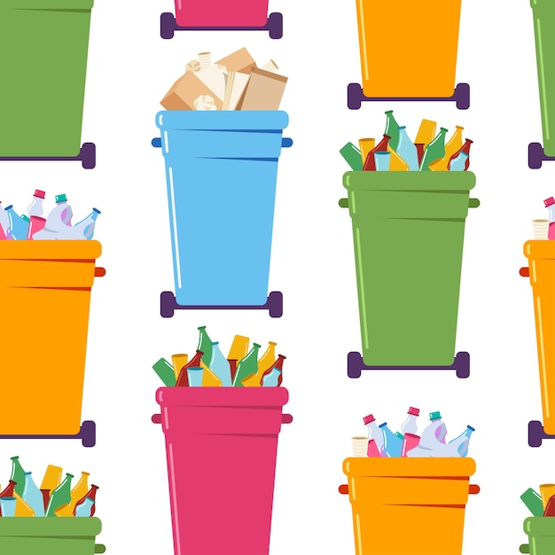 Vector sorted trash cans vector cartoon seamless pattern on a white background