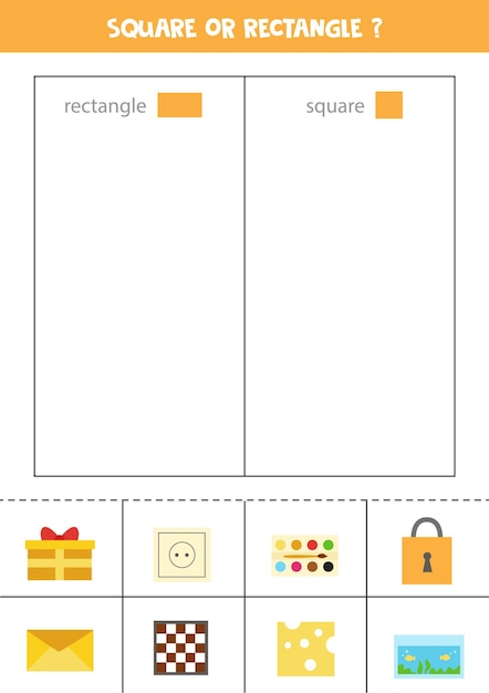 Sorteer afbeeldingen op vorm. rechthoekig of vierkant. educatief spel voor kinderen.