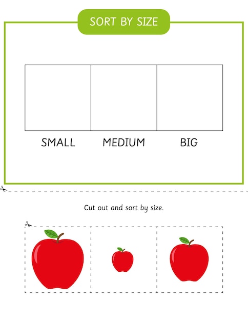 Sorting activity for kids Sort apples by size worksheet Preschool educational game