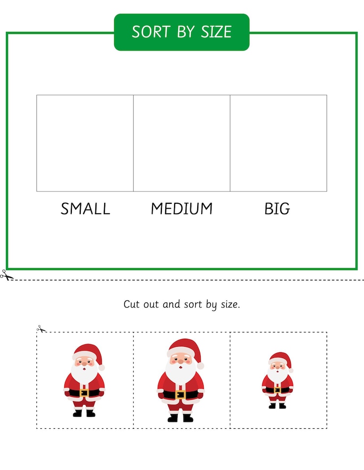 Vector sorting activity for kids sort santa by size worksheet christmas educational game winter game