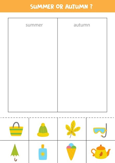 Sorting cards into autumn or summer Logical game for children