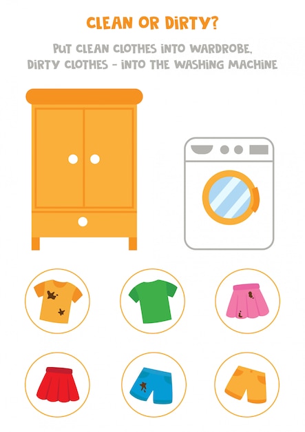 Vector sorting game for kids. clean or dirty clothes.