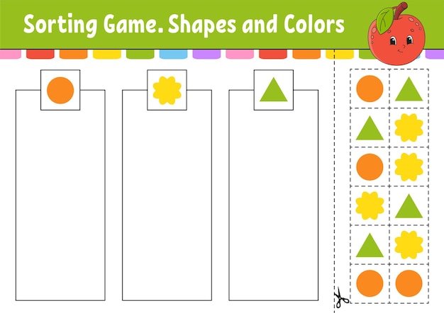 Sorting game Shapes and colors Cut and glue Education developing worksheet Game for kids