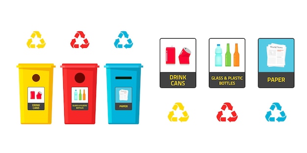 Вектор Концепция сортировки мусора с переработкой и утилизацией мусорных баков и наклеек