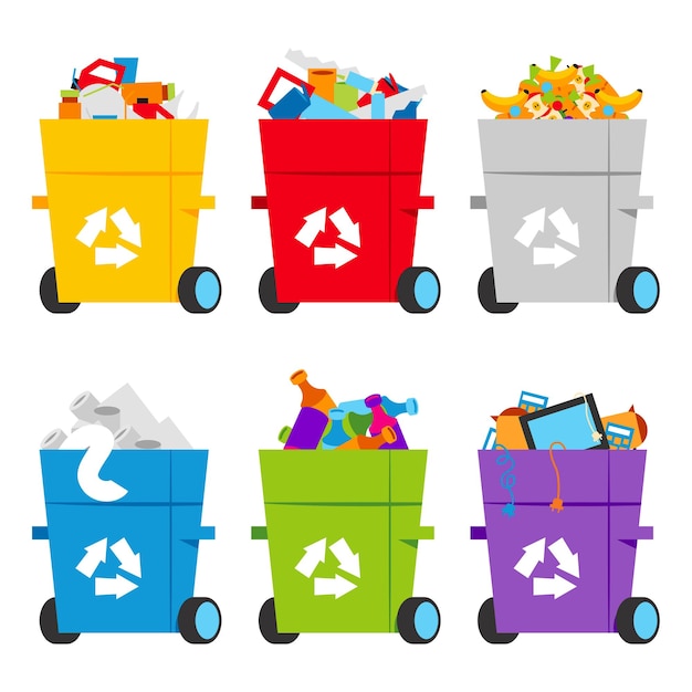 Sorting waste and garbage vector cartoon set isolated on a white background