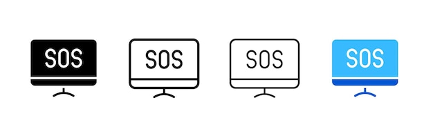 SOS on monitor screen Monitor screen Silhouette linear and flat style Vector icons