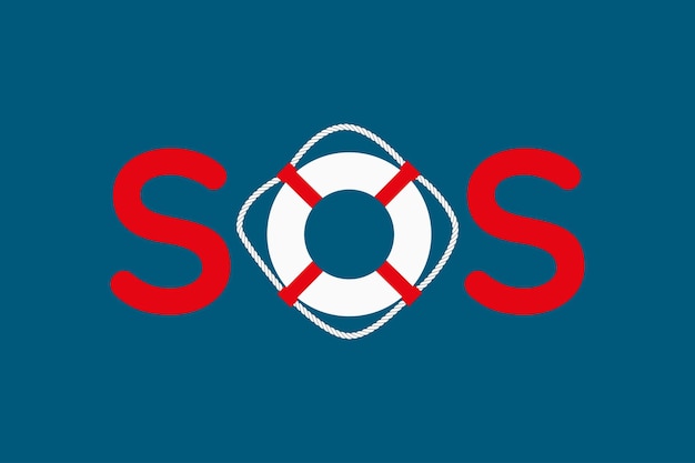 남색 배경 도움말 센터 및 비상 개념에 구명 부표가 있는 SOS 기호