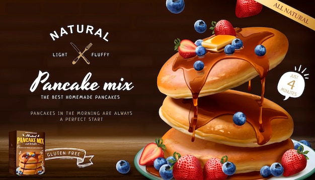 Souffle pancake mix banner with fresh fruits and honey sauce in 3d style