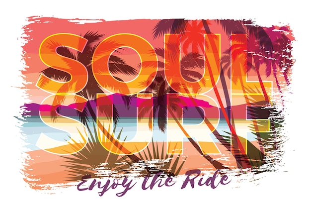 Vector soul surf belettering illustratie met strand en palmen