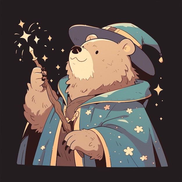 A soulful bear magician cartoon style