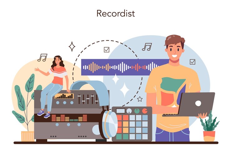Vector sound engineer concept music production industry sound recording with a studio equipment creator of a soundtrack vector illustration in cartoon style
