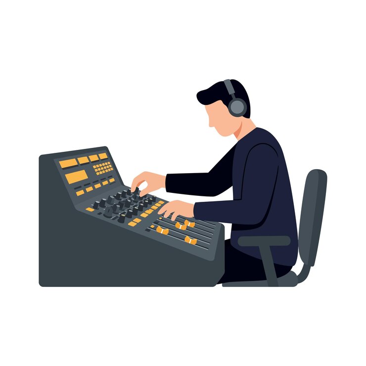 Vector sound engineer mixing audio with headphones on in recording studio vector illustration
