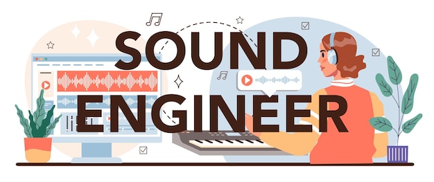Intestazione tipografica dell'ingegnere del suono registrazione del suono dell'industria della produzione musicale con un'attrezzatura da studio creatore di una colonna sonora illustrazione vettoriale in stile cartone animato