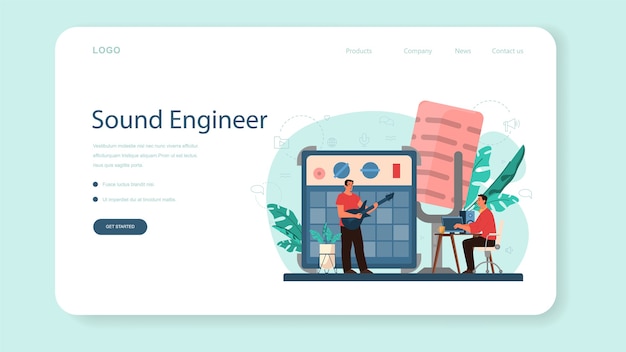 サウンドエンジニアのwebバナーまたはランディングページ。音楽制作業界、録音スタジオ機器。映画のサウンドトラックの作成者。