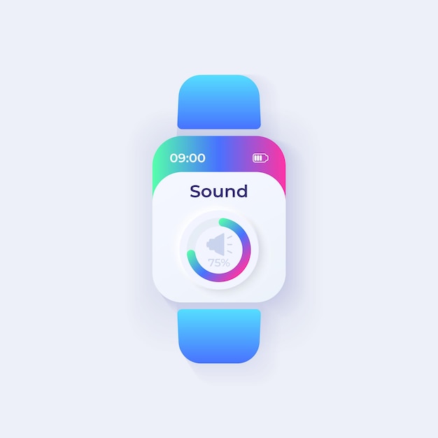사운드 매개 변수 smartwatch 인터페이스 벡터 템플릿입니다. 모바일 앱 제어 주간 모드 디자인. 음악 설정, 볼륨 조정 화면. 응용 프로그램에 대한 평면 UI. 스마트 시계 디스플레이의 스피커입니다.