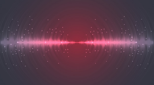 Sound wave neon flash lines in grey and red on gradient background