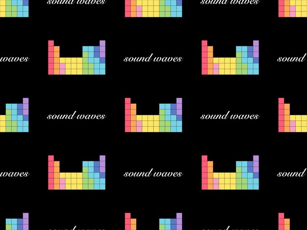 Звуковые волны мультяшный персонаж бесшовный узор на черном фоне пиксельный стиль