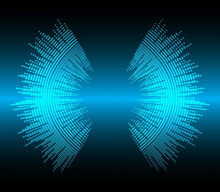 Vector sound waves oscillating dark blue light