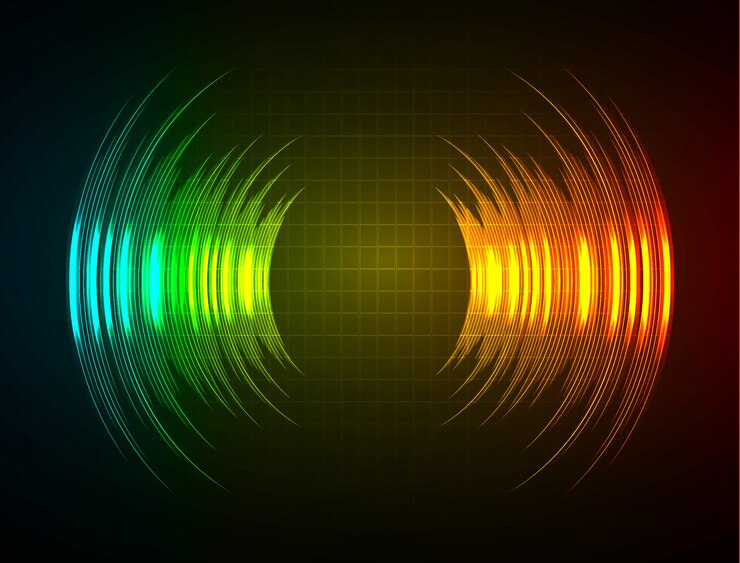 Vector sound waves oscillating dark blue orange green light