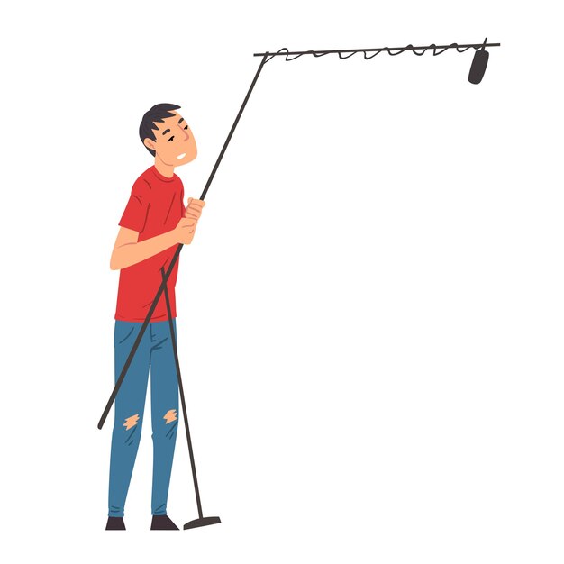 Vector soundman holding telescopic microphone boom operator in process of recording sound cartoon vector