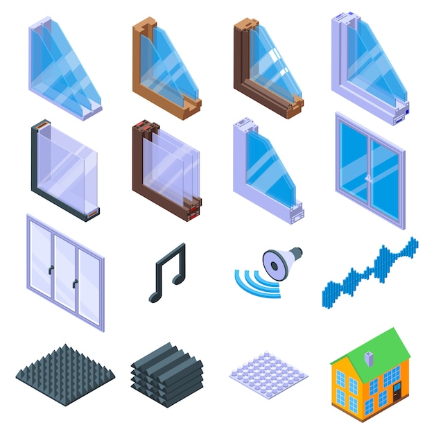 Soundproofing icons set, isometric style