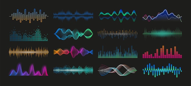 Soundwave Audio spectrum waveform Sound frequency and music pulse colorful graphic effect Volume and radio digital signal equalizer template Vector soundtrack recorder dynamic level elements set