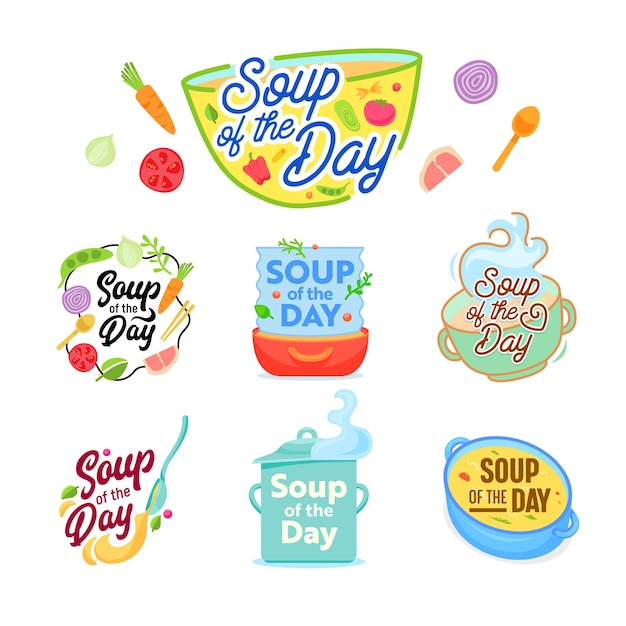 Soup of the day cooking lettering icons set.