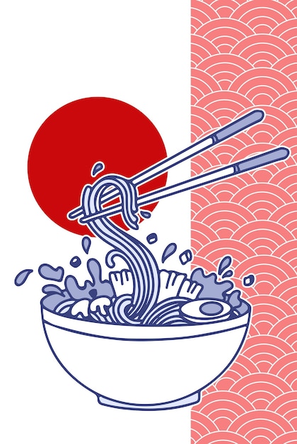 Вектор Суп с лапшой рамен лапша векторная иллюстрация традиционная азиатская японская еда в солнечно-красном круге с текстурой векторная иллюстрация