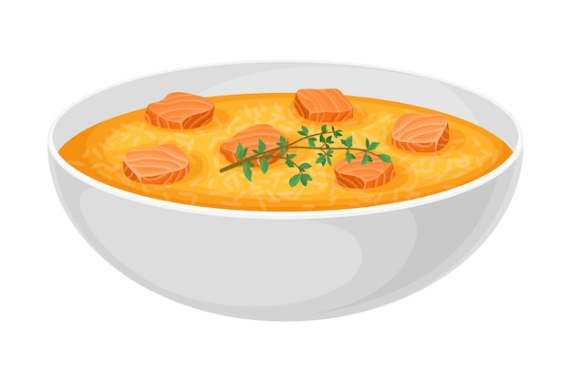 Soup with salmon and rice poured in bowl vector illustration