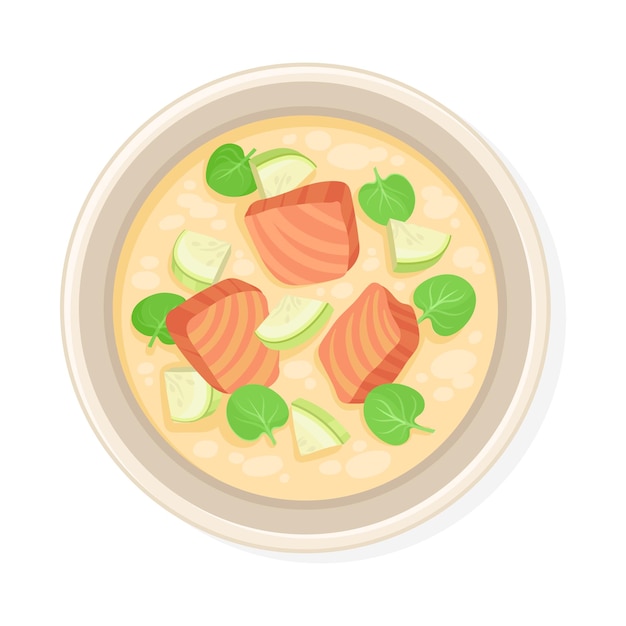 Vector soup with salmon slices and vegetables served on plate top viewed vector illustration