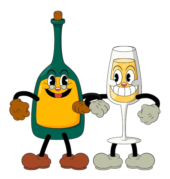 Souple glass and bottle of champagne in comic cartoon style