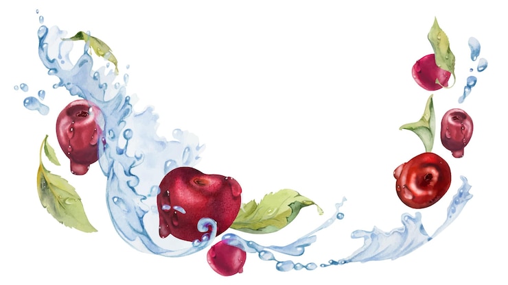 Vector sour sweet cherry cerise flying in water splashes drops hand drawn in watercolor ripe red garden